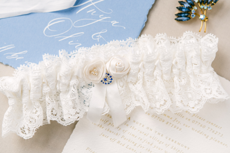 Nottingham Lace Garter with Silk Flowers and Sapphire Button as your Something Blue - Lilly