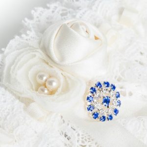 Nottingham Lace Garter with Silk Flowers and Sapphire Button as your Something Blue - Lilly